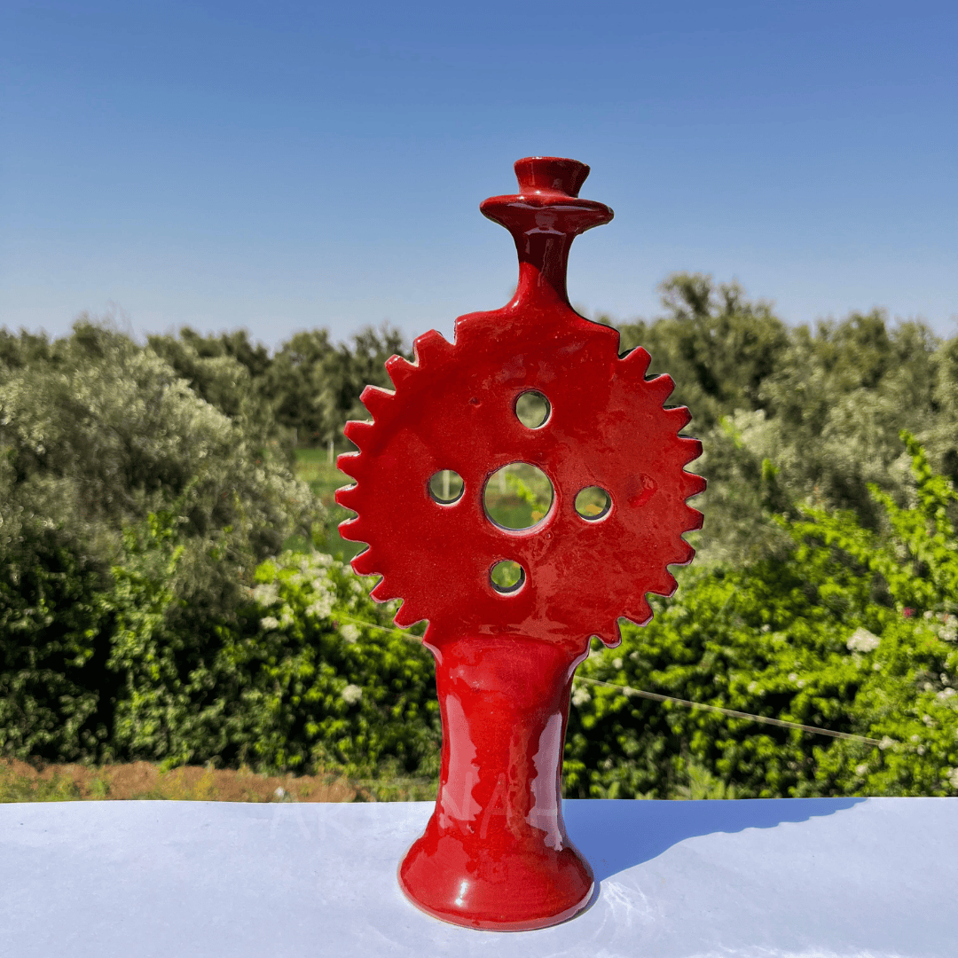 Handcrafted Red Ceramic Sculpture Gear Design