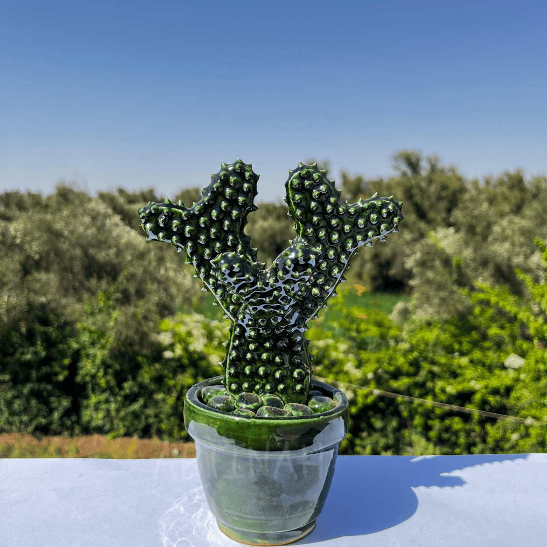 Handcrafted Green Ceramic Cactus Sculpture in Pot