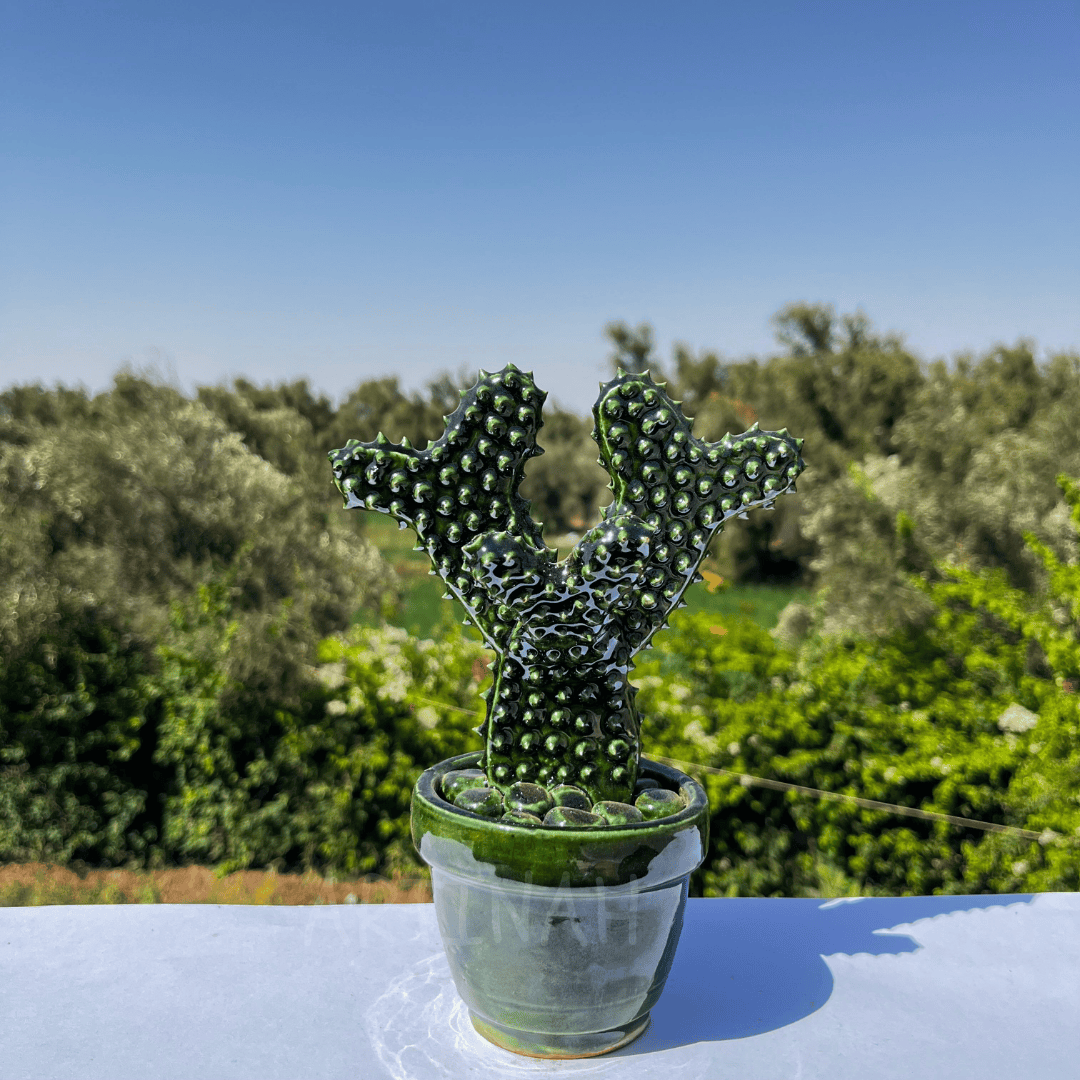 Handcrafted Green Ceramic Cactus Sculpture in Pot