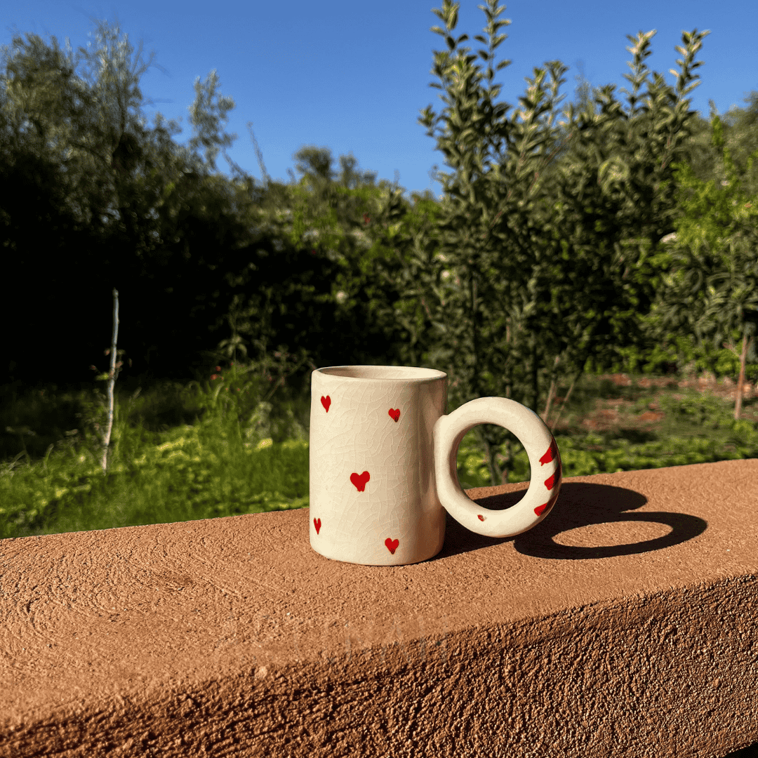 Handcrafted Ceramic Mug with Red Heart Pattern