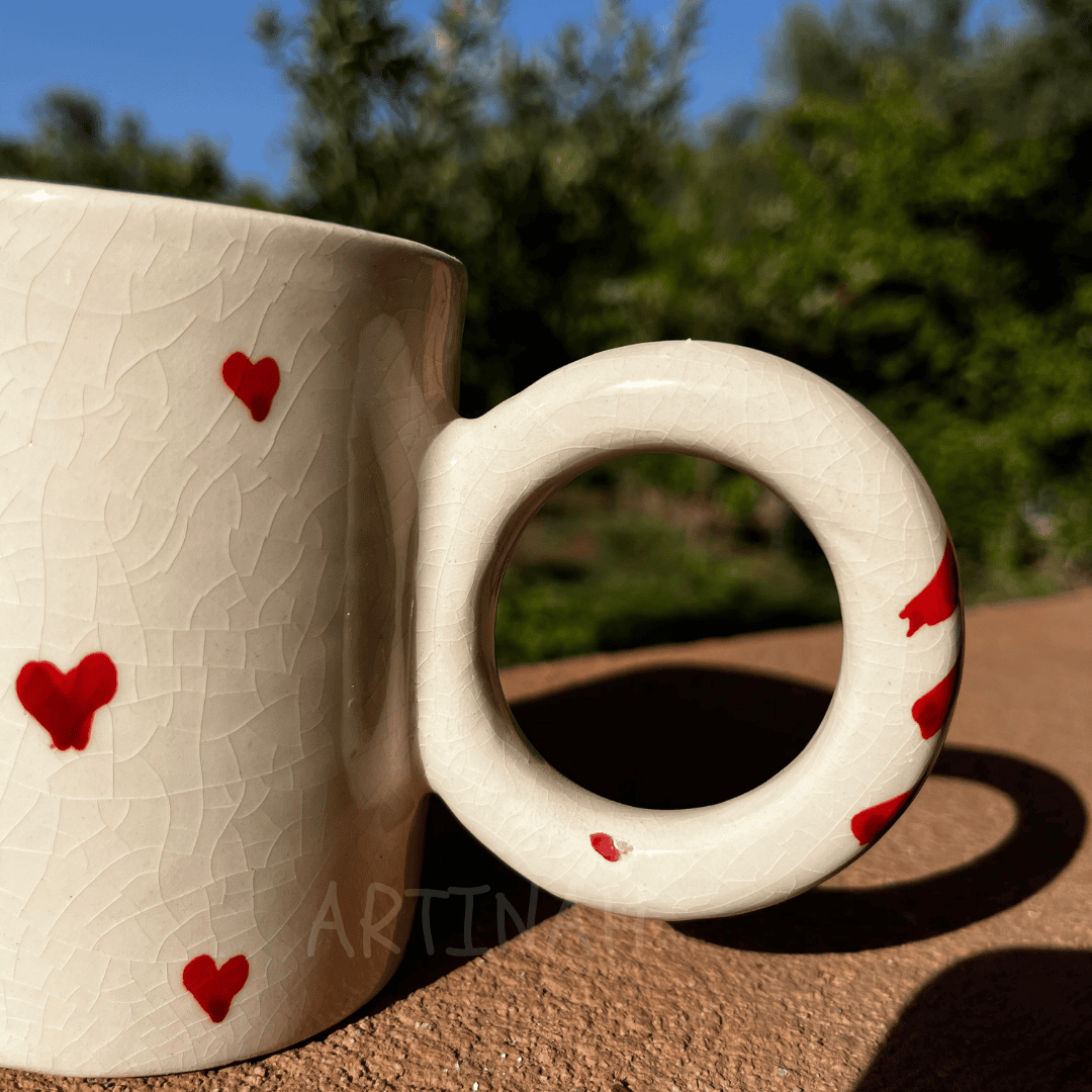 Handcrafted Ceramic Mug with Red Heart Pattern