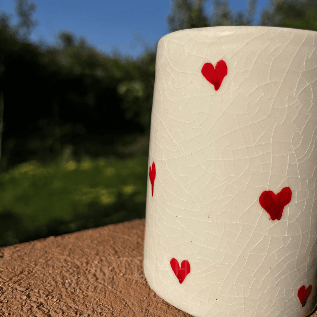 Handcrafted Ceramic Mug with Red Heart Pattern