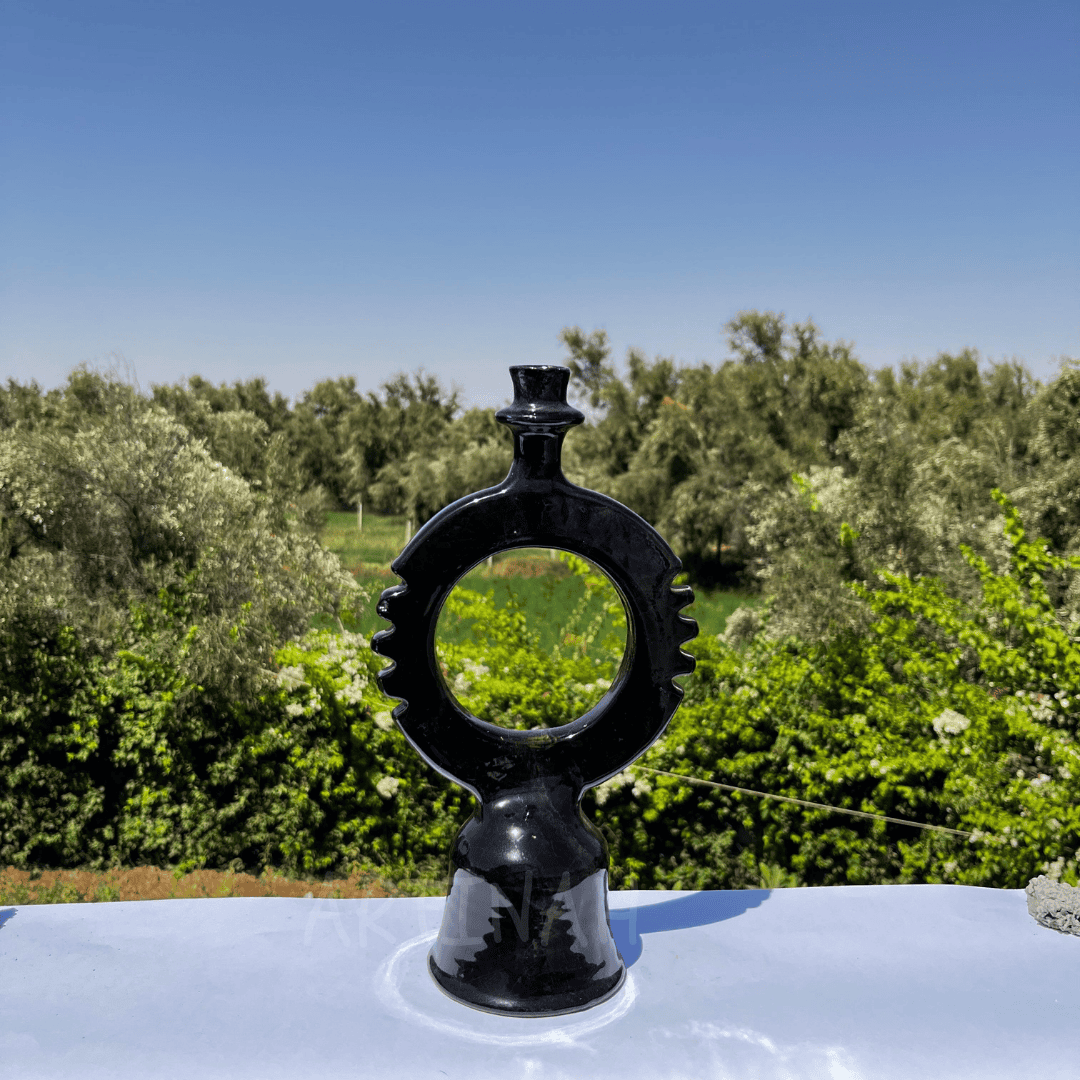 Handcrafted Black Ceramic Sculpture with Circular Design