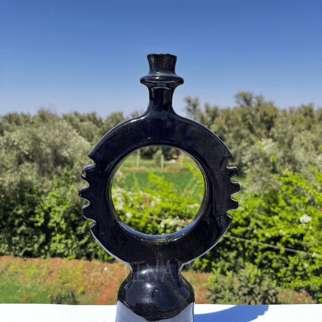 Handcrafted Black Ceramic Sculpture with Circular Design