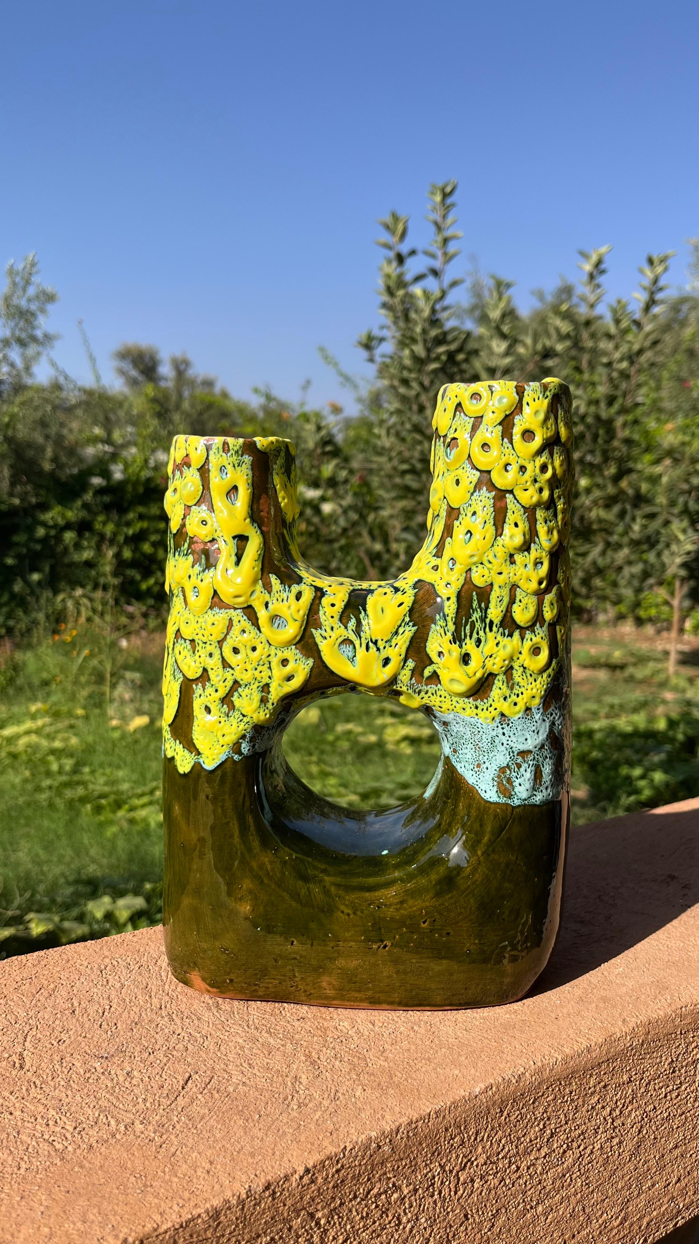 Ceramic Vase – Green & Yellow Textured Design
