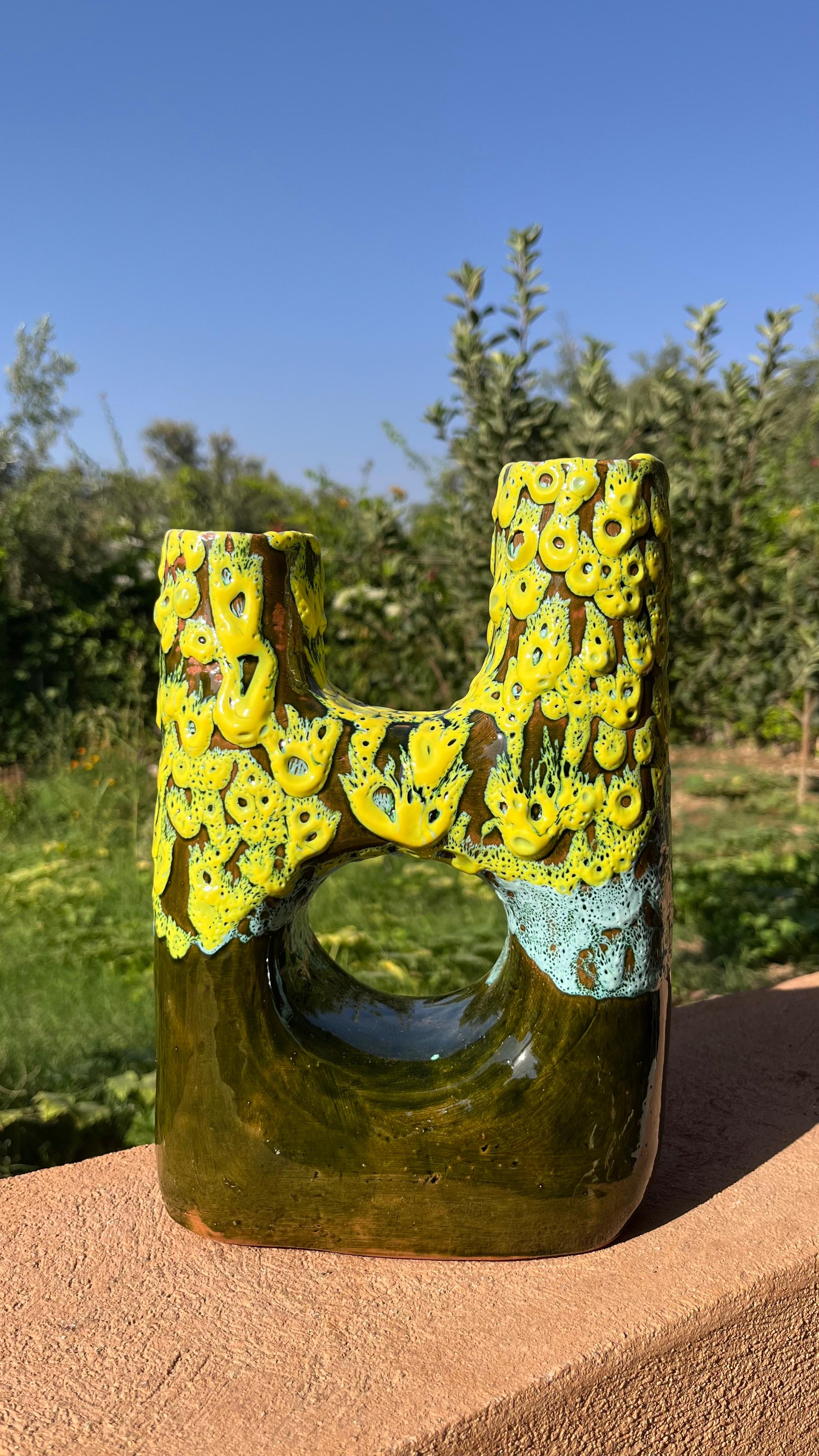 Ceramic Vase – Green & Yellow Textured Design