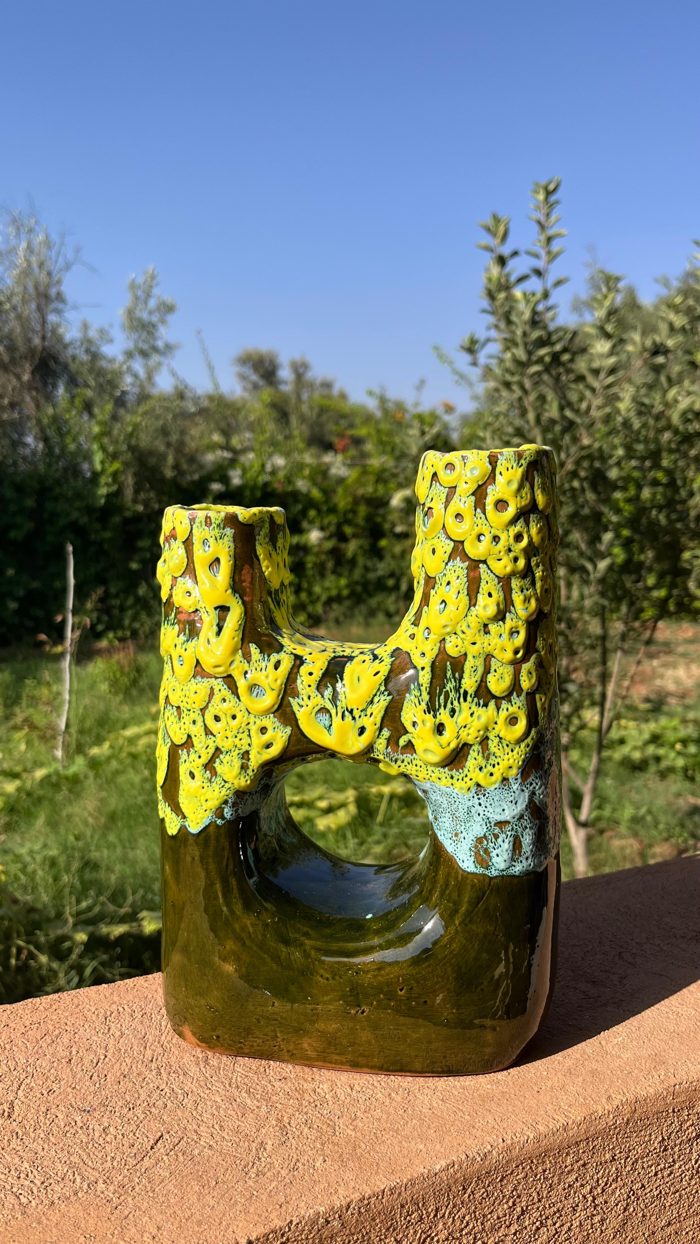 Ceramic Vase – Green & Yellow Textured Design